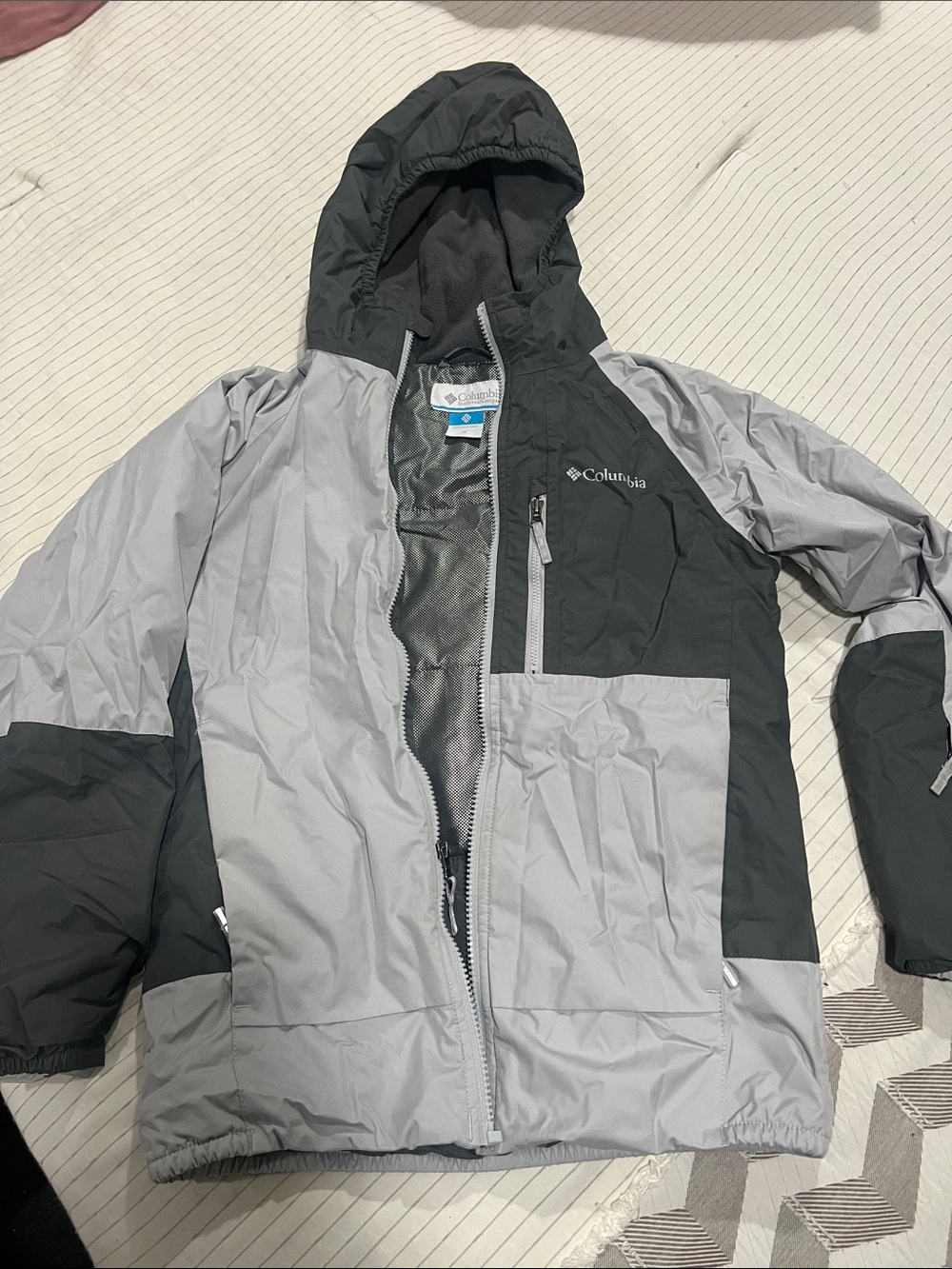 Columbia Kids Two-Tone Hooded Rain Jacket - Light Gray & Charcoal